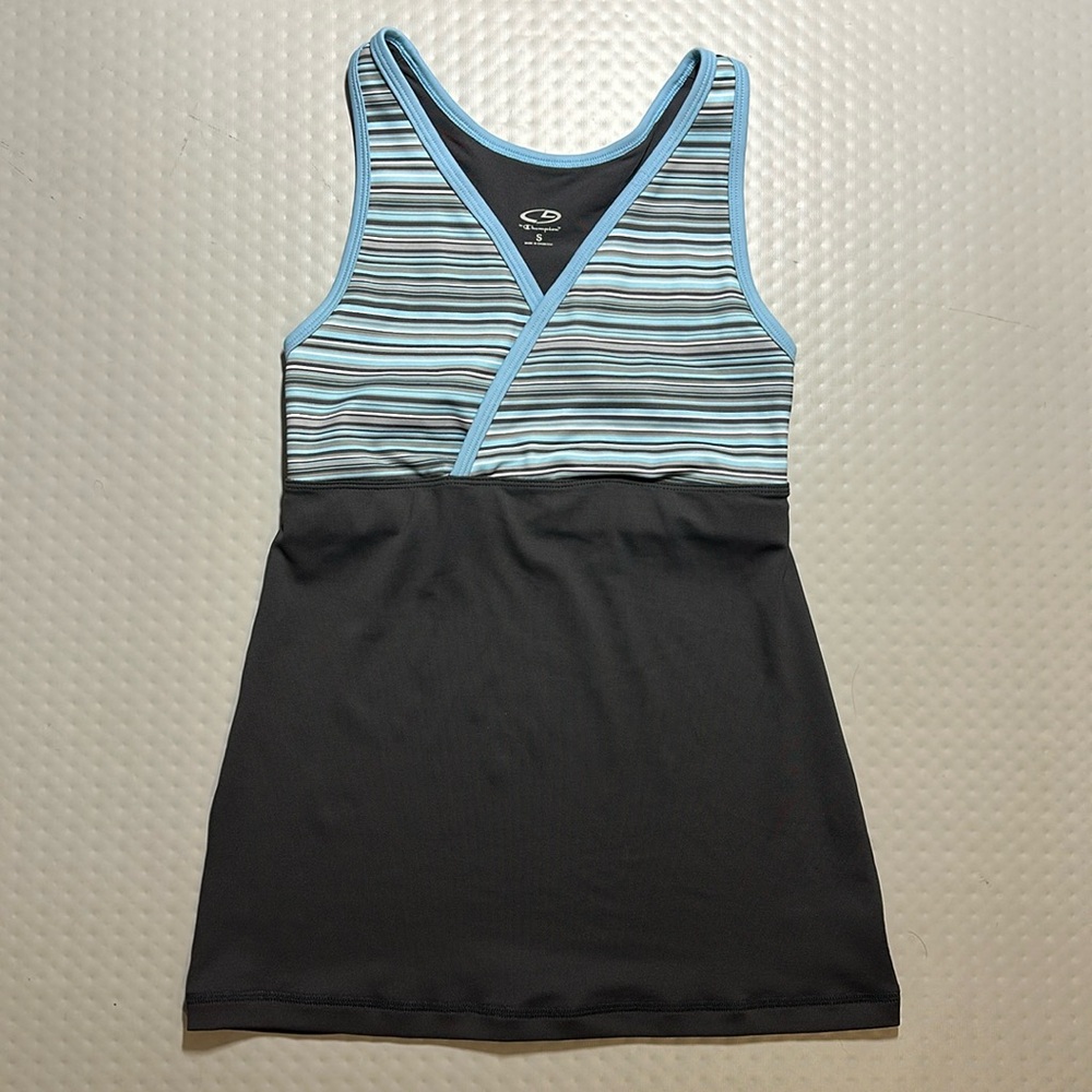 Sleeveless athletic top by Champion faux-wrap stripes blue white grey‎ Adult S
